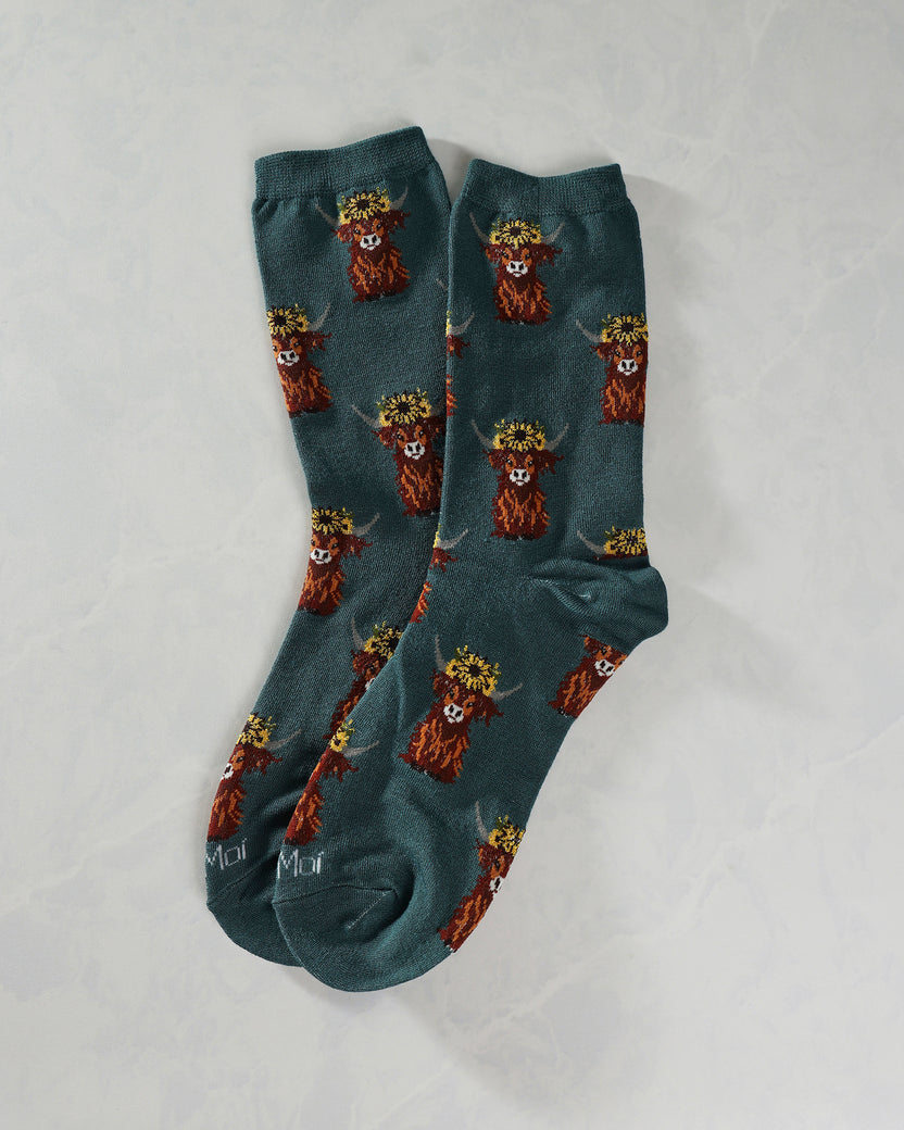 Teal Combo - Sunflower Highland Cow Bamboo Crew Sock - Infinity Classics International Inc.
