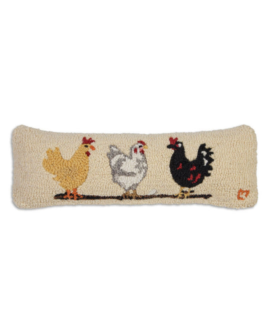 Ivory rectangular pillow embroidered with three hens standing on a branch.