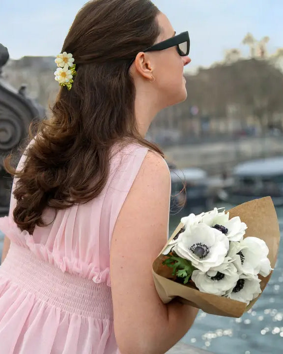 Ivory - Hand Painted Vintage Daisy Stem Claw Hair Clip - Solar Eclipse - Printfresh