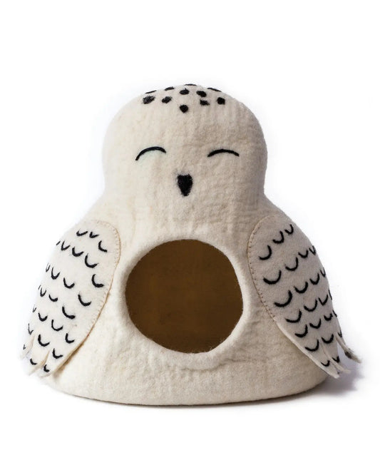 Ivory owl-shaped pet cave with a round front opening and patterned wings.