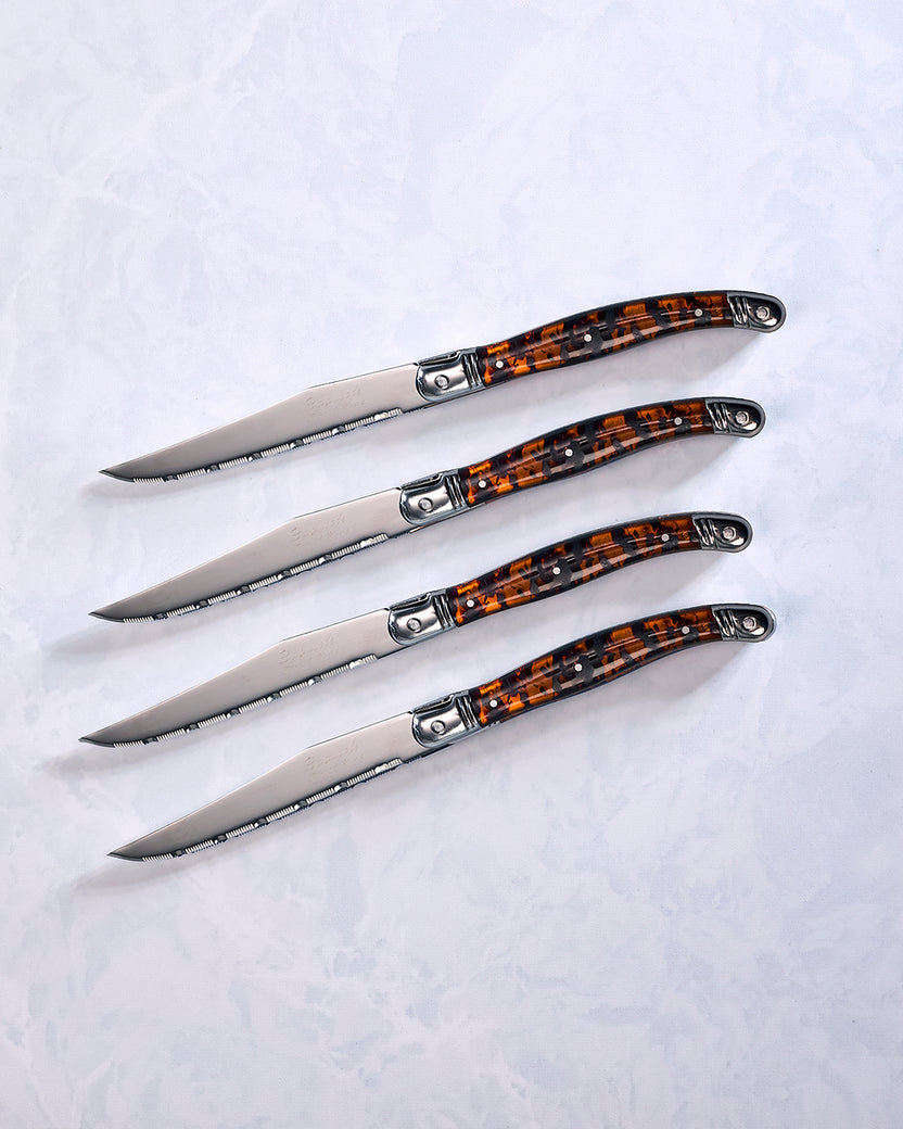 Silver - Laguiole Connoisseur 4-Piece Tortoise Steak Knife Set - French Home