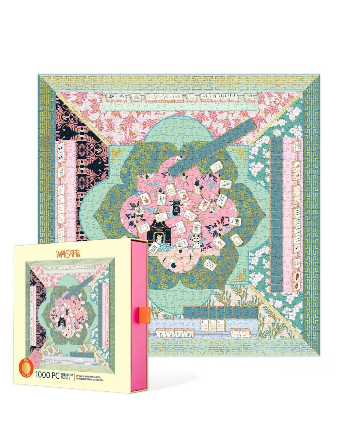WerkShoppe Let's Play Mahjong 1000-piece puzzle shown assembled beside its box.