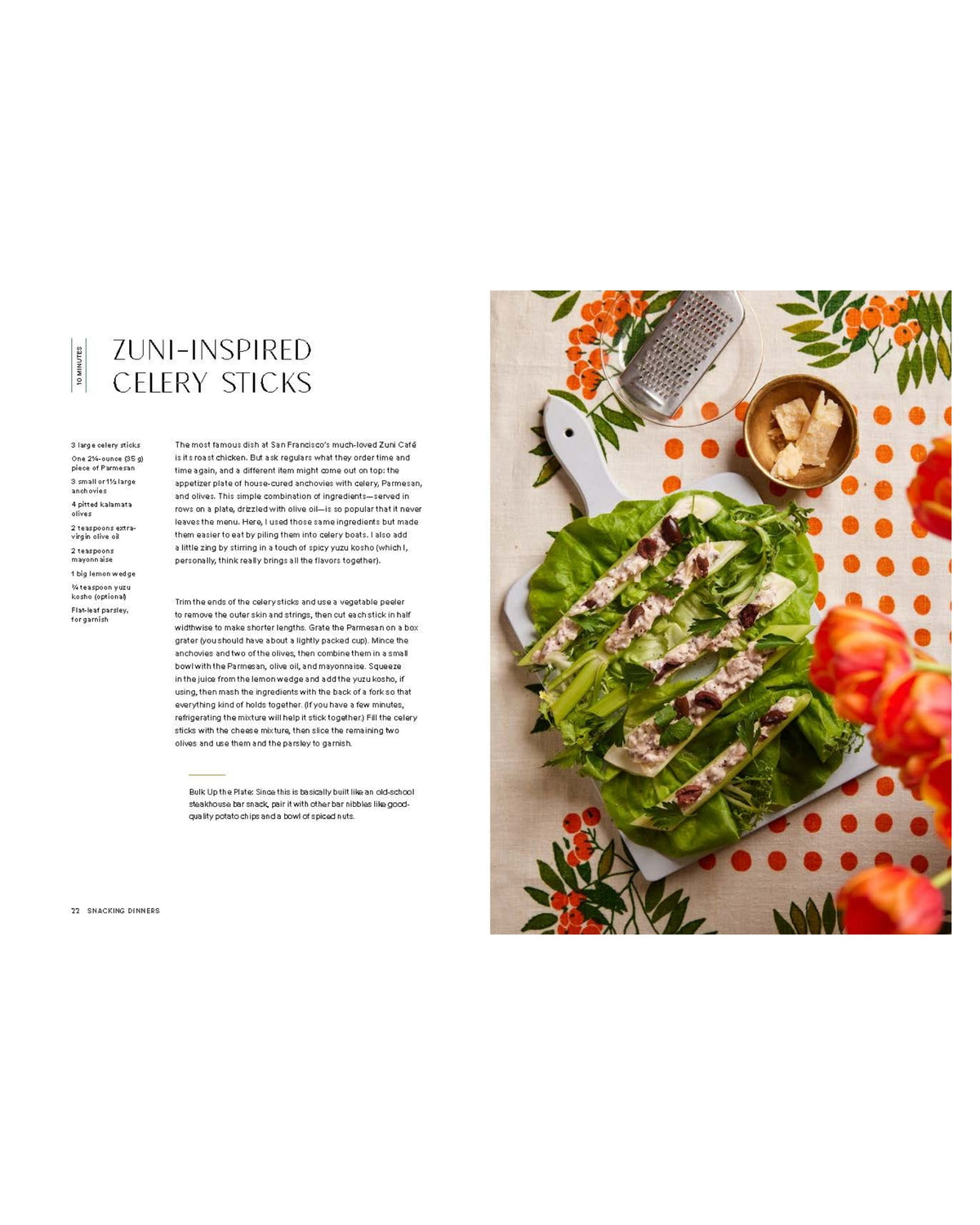 Open Snacking Dinners spread for Zuni-Inspired Celery Sticks, with recipe text beside a photograph of celery sticks topped with salad on a patterned table.