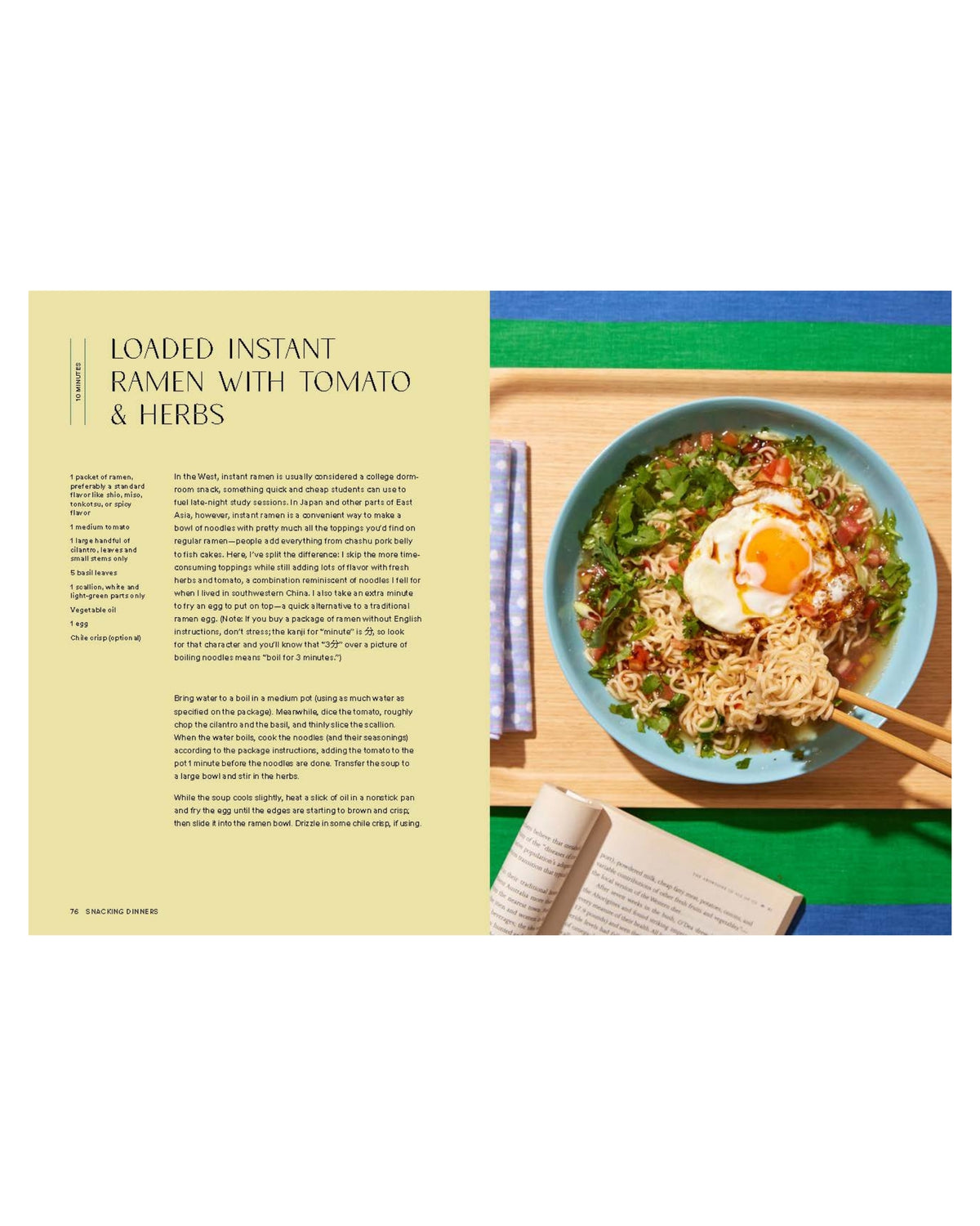 Open Snacking Dinners spread for Loaded Instant Ramen with Tomato and Herbs, beside a photograph of ramen topped with greens, tomato, and a fried egg.