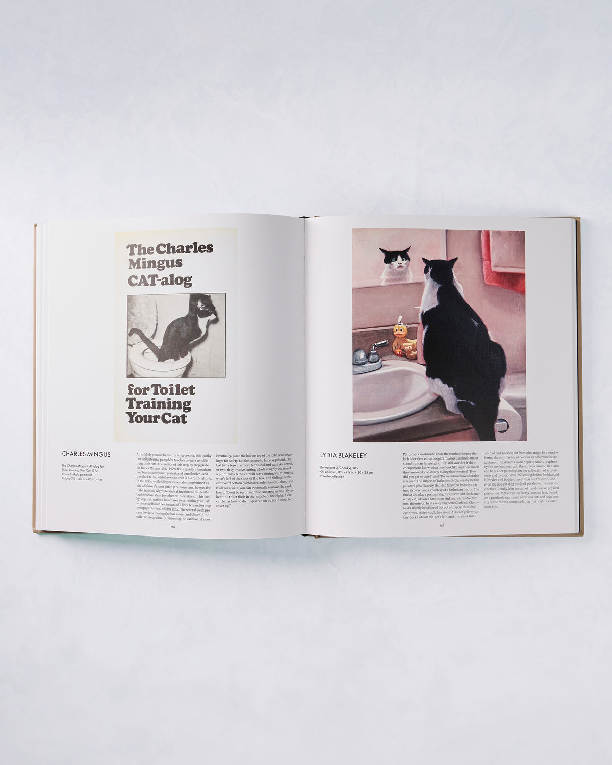 Open book spread featuring a Charles Mingus cat-themed page and a painting of two cats beside a sink by Lydia Blakeley.