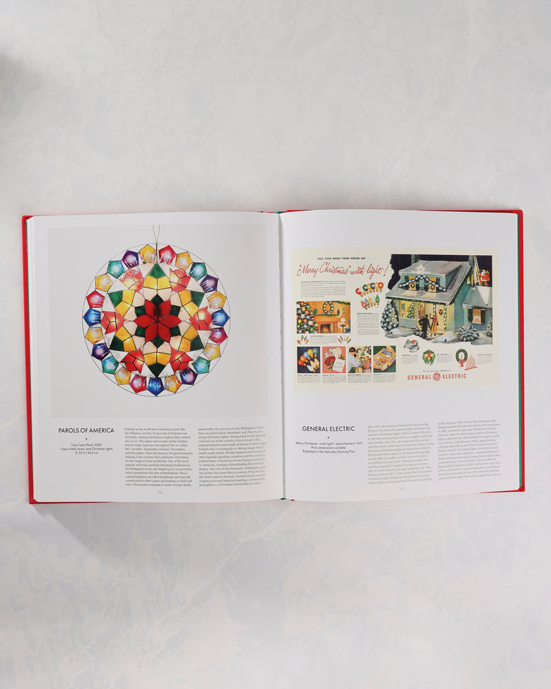 Open spread from The Christmas Book featuring a colorful circular design on the left and a General Electric Christmas light advertisement on the right.