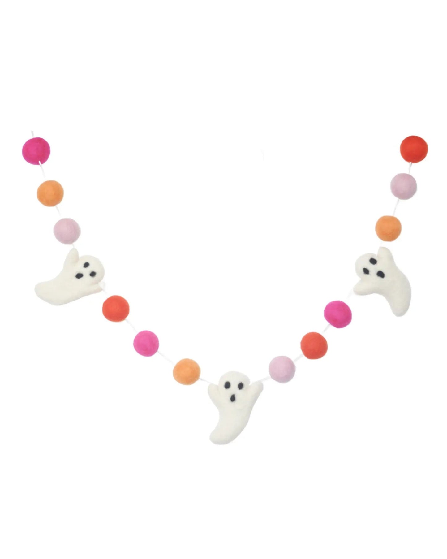 Garland of white ghost shapes and pink, orange, and coral felt balls arranged in a curved line.