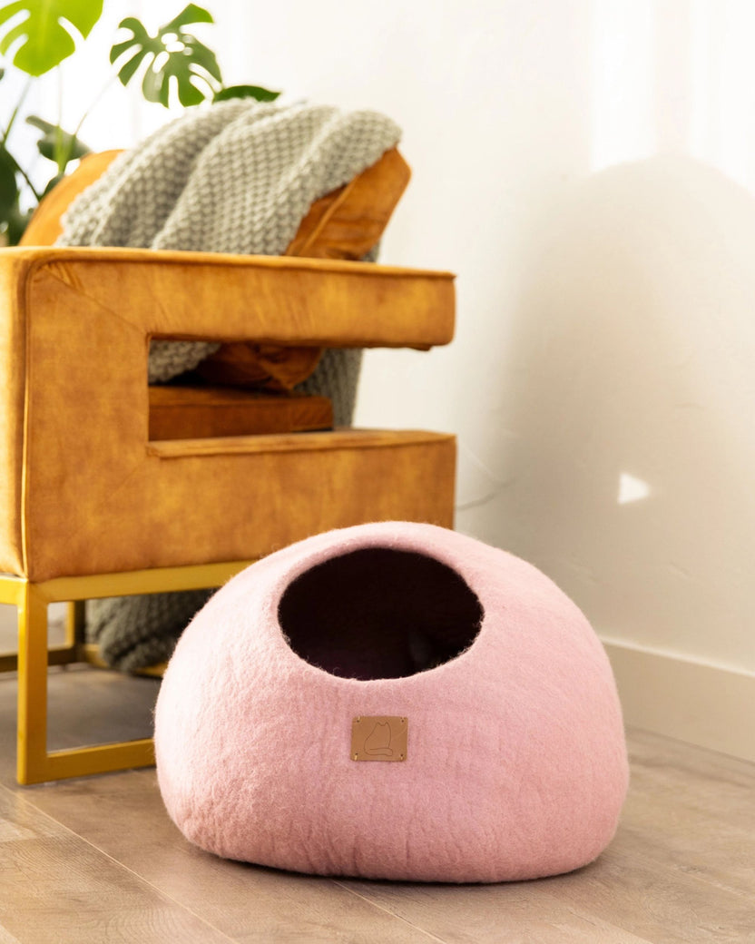 Pink - Premium Felted Wool Cat Cave Bed - Fuzzy cove