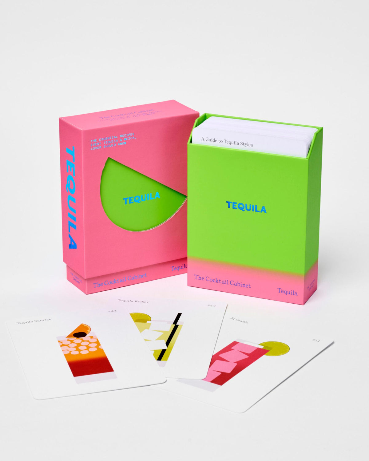 Pink and green Cocktail Cabinet: Tequila box with recipe cards displayed in front.