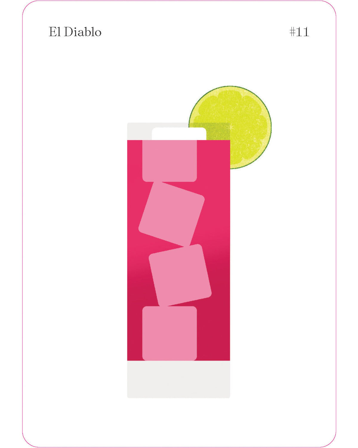 Close-up of recipe card number 11 titled “El Diablo,” showing a pink drink illustration with a lime garnish.
