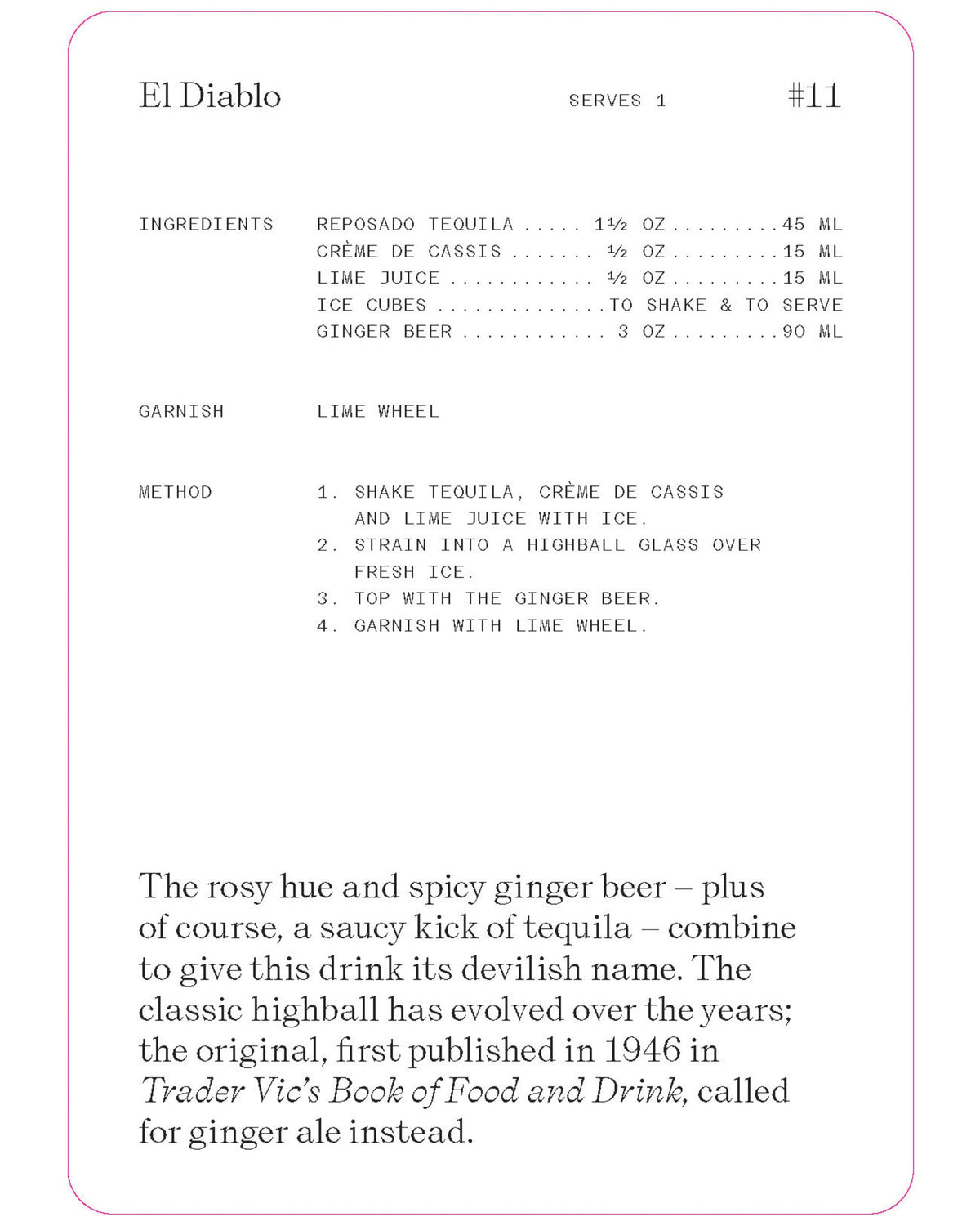 Recipe card for El Diablo, listing tequila, crème de cassis, lime juice, ginger beer, and a lime wheel garnish.