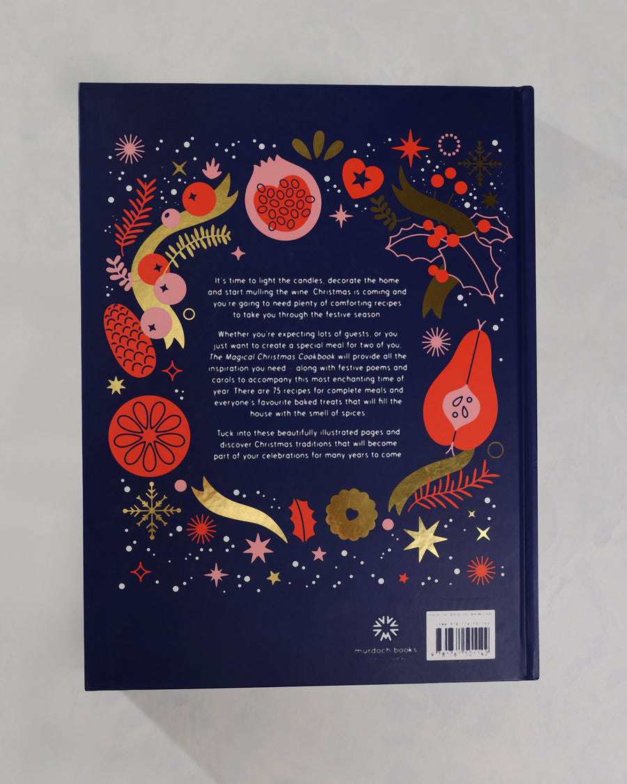 Back cover of The Magical Christmas Cookbook with a centered descriptive blurb, colorful Christmas illustrations, and a barcode.