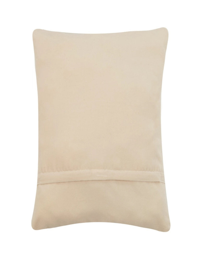 Back of the red rectangular hook pillow with a horizontal seam near the lower half