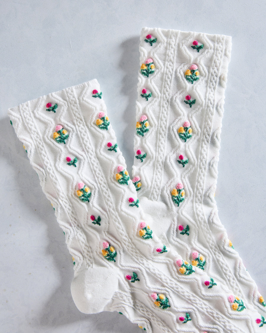 White - Romantic Floral Casual Socks - Tiepology - Printfresh