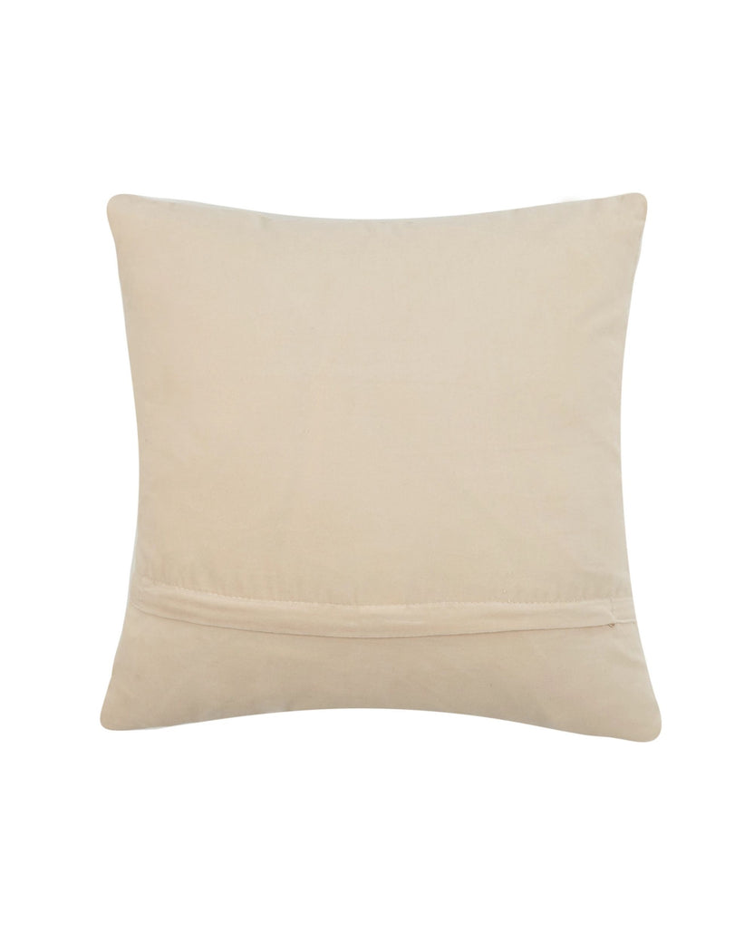 Back view of the square pillow showing its plain light-colored backing and lower seam.