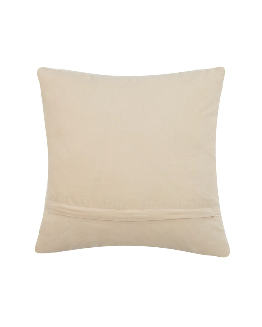 Back view of the square pillow showing its plain light-colored backing and lower seam.