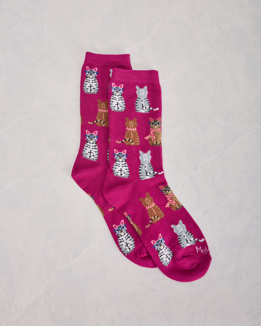 Fuchsia - Studious Cats Crew Socks - Printfresh