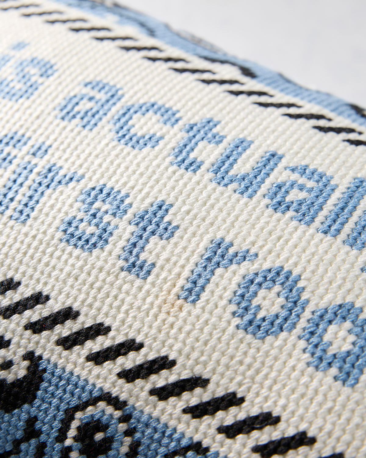 Close-up of the pillow’s stitched blue lettering on a white needlepoint background.