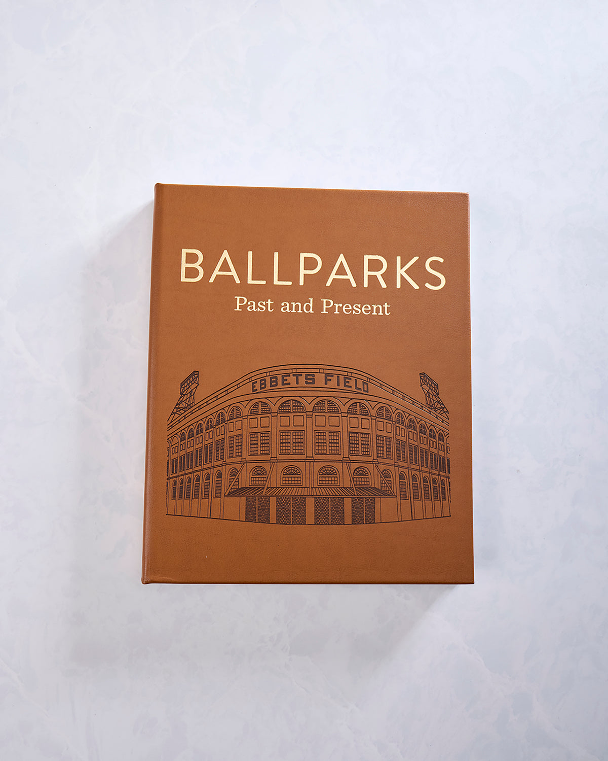 Toasted brown hardcover book titled “Ballparks Past and Present,” with an Ebbets Field illustration on the cover.