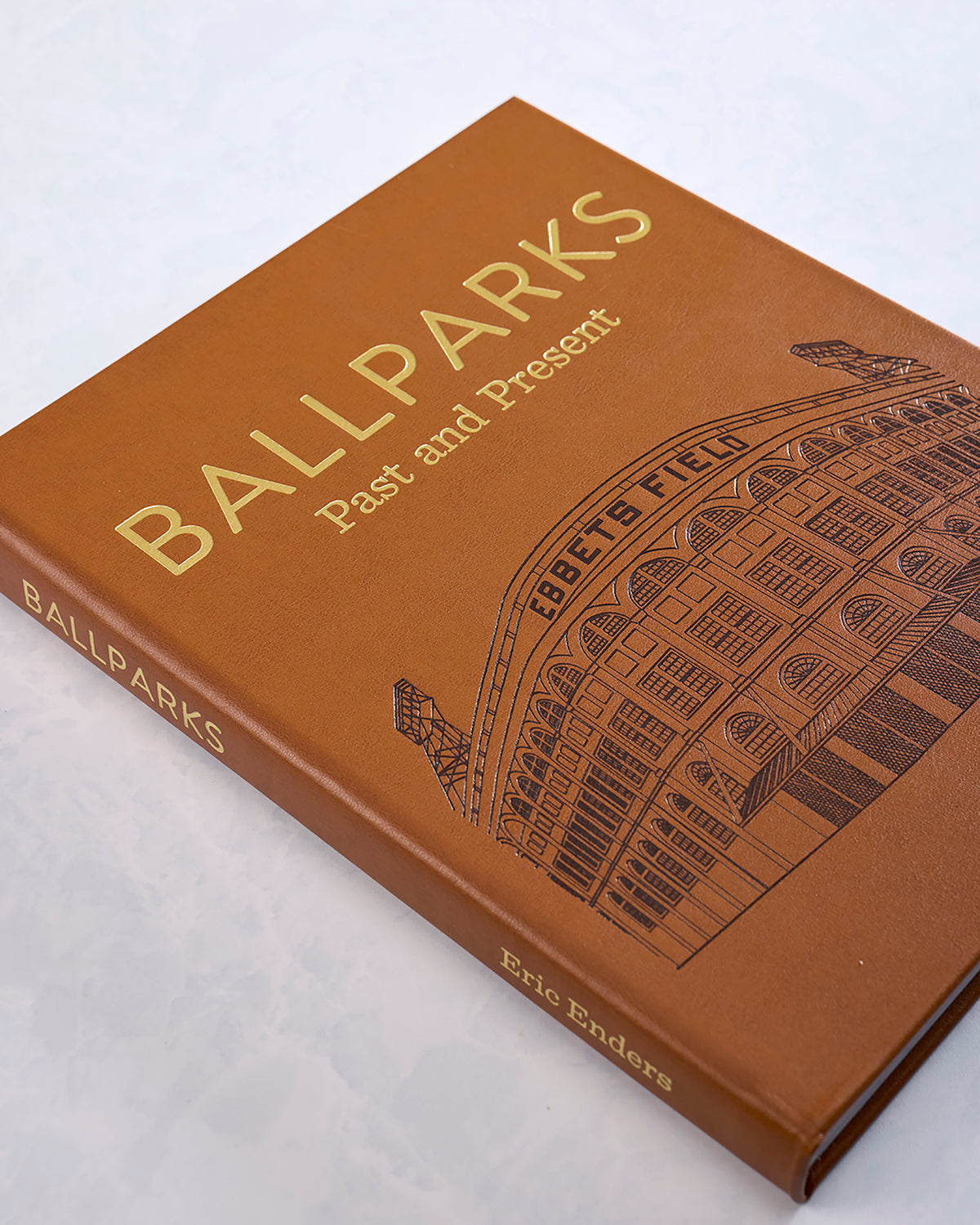Close angled view of the toasted brown “Ballparks Past and Present” hardcover, showing the Ebbets Field illustration and spine.
