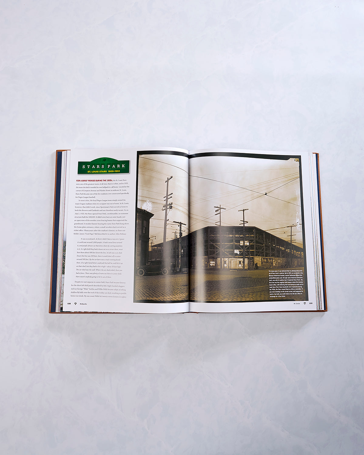 Open spread from “Ballparks Past and Present” featuring a historical St. Louis Stars entry and a black-and-white ballpark photograph.