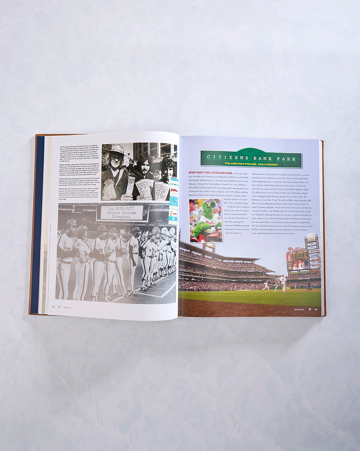 Open spread from “Ballparks Past and Present” featuring a Citizens Bank Park entry with a color baseball stadium photograph.