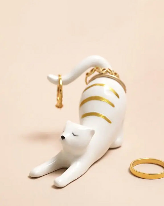 White Combo - Ceramic Stretching Cat Ring Holder - Lisa Angel - Printfresh