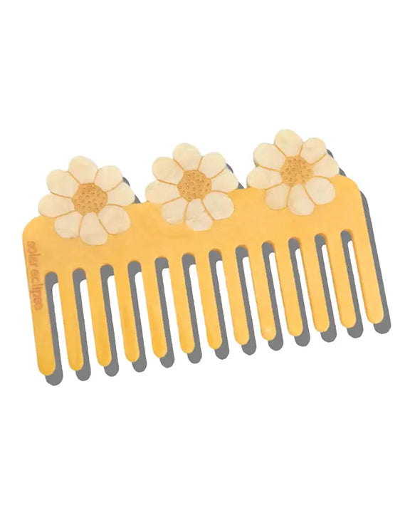 Yellow - Hand Painted Vintage Daisy Detangling Wide Tooth Comb - Solar Eclipse - Printfresh