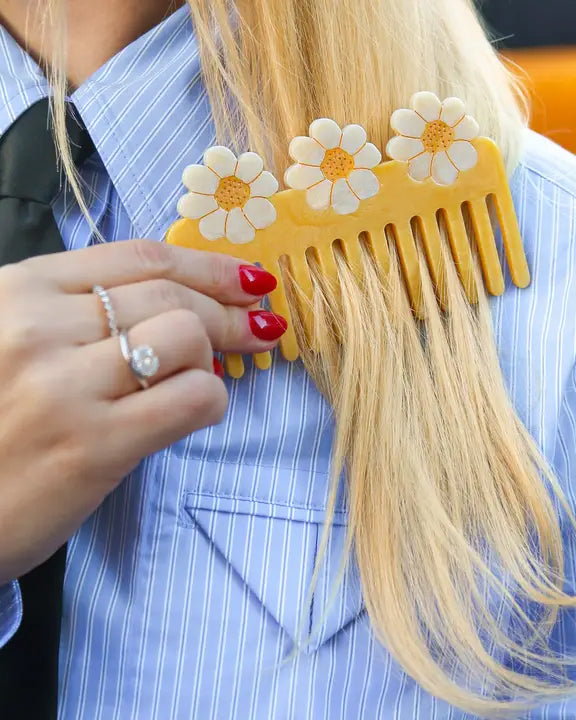 Yellow - Hand Painted Vintage Daisy Detangling Wide Tooth Comb - Solar Eclipse - Printfresh