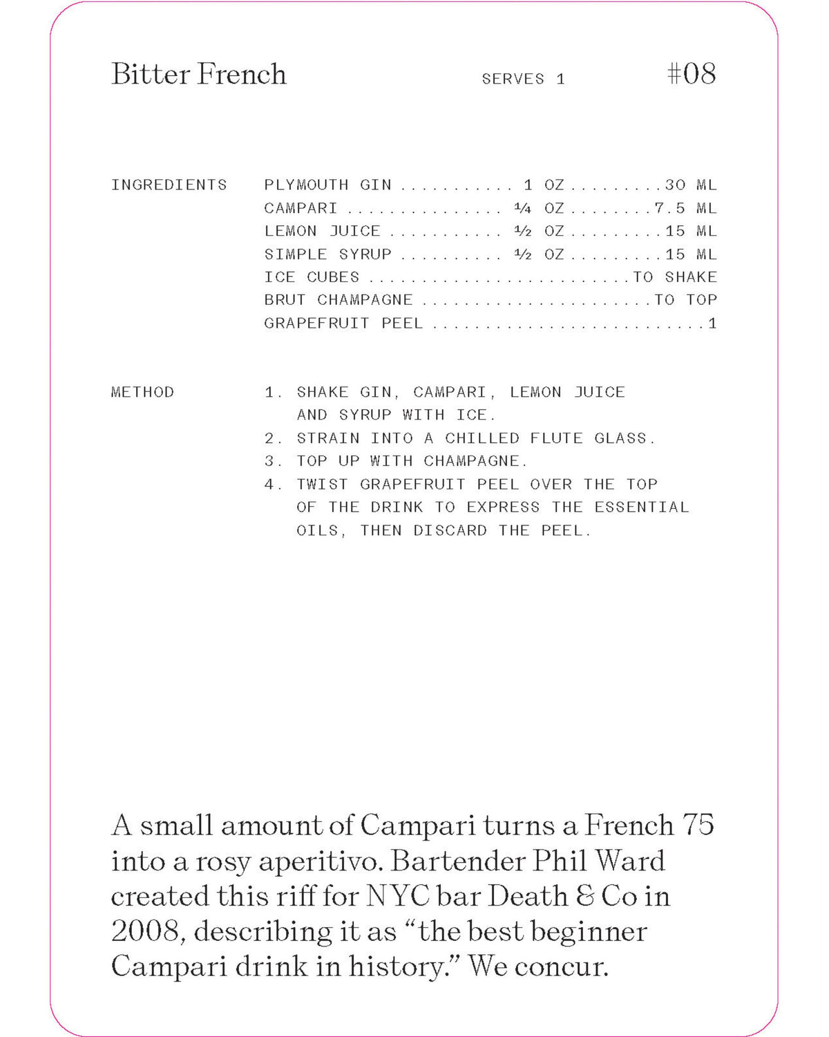 Recipe card for Bitter French, listing gin, Campari, lemon juice, simple syrup, brut champagne, and grapefruit peel.