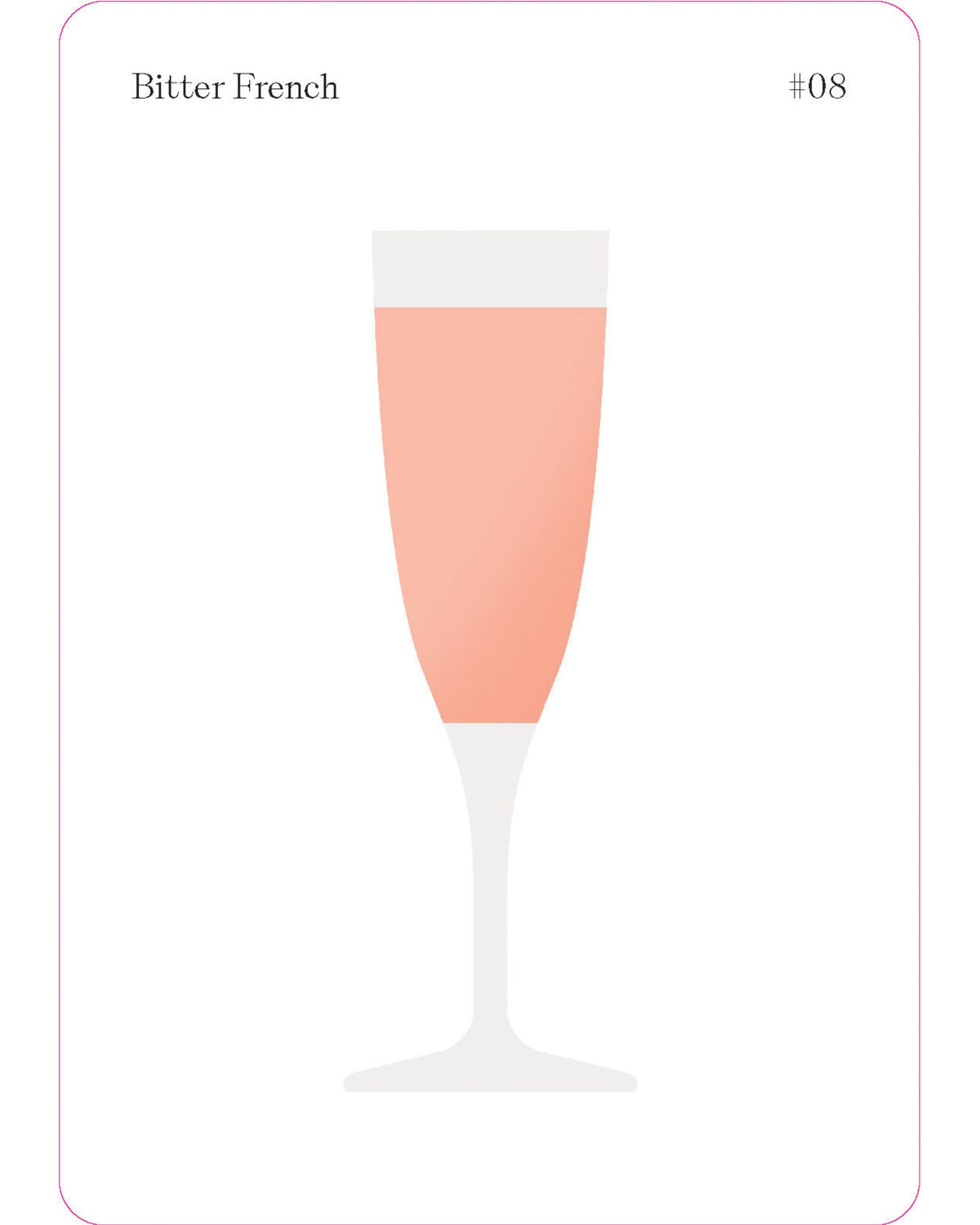 Illustrated Bitter French recipe card showing a pale pink drink in a flute glass.