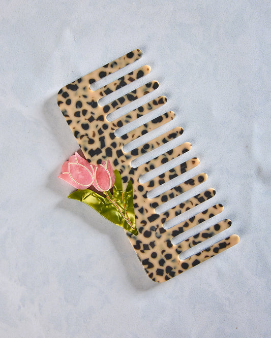 Leopard Combo - Hand Painted Vintage Tulips Detangling Wide Tooth Hair Comb - Solar Eclipse - Printfresh