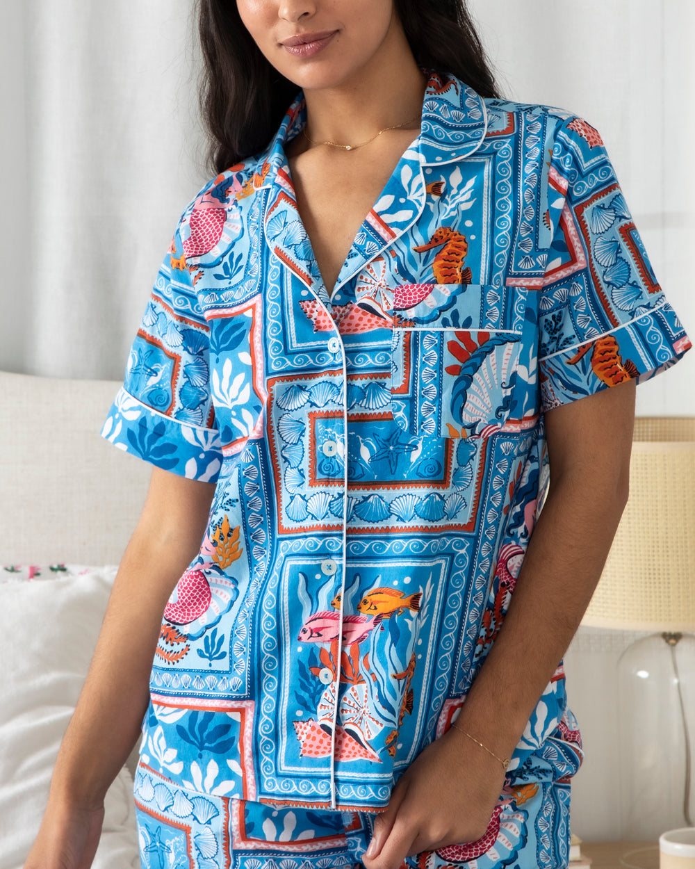 Tidal Tapestry - Short Sleeve Top & Cropped Pajama Pants Set - Saltwater Blue - Printfresh