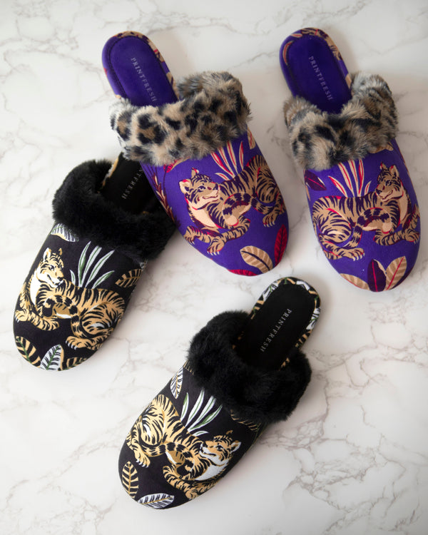 Untamed Tiger - Velvet Faux-Fur Slippers - Grape Soda - Printfresh