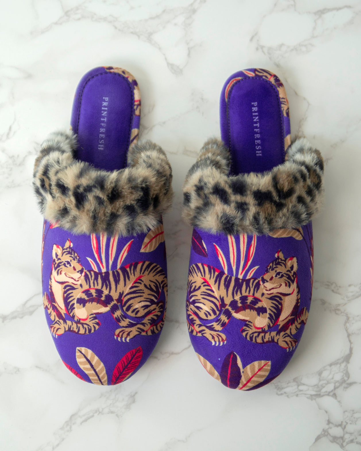 Untamed Tiger - Velvet Faux-Fur Slippers - Grape Soda - Printfresh