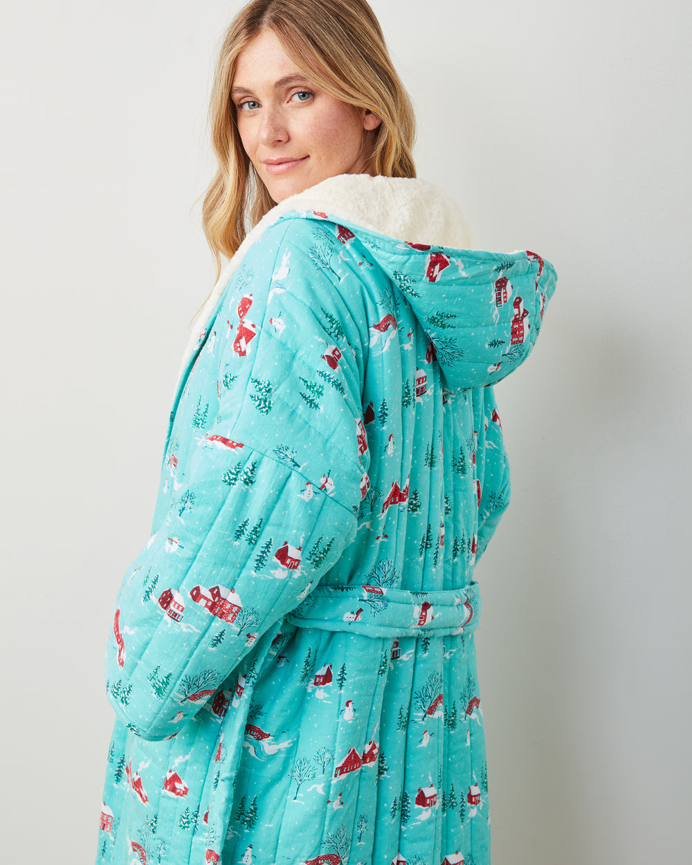 Winter Wonderland - Flannel Quilted Hooded Sherpa Robe -  Snow Day - Printfresh