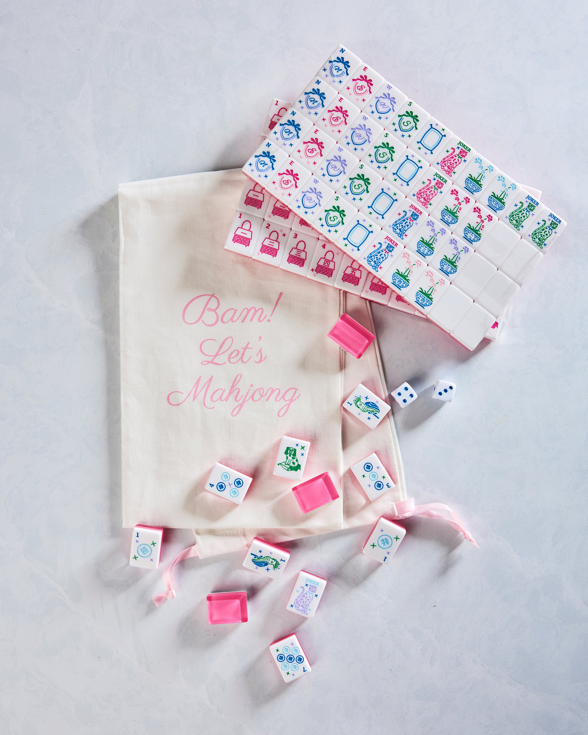 Pink - Grandmillennial Mahjong Tiles With Mat & Shufflers - Bam! Let's Mahjong - Printfresh