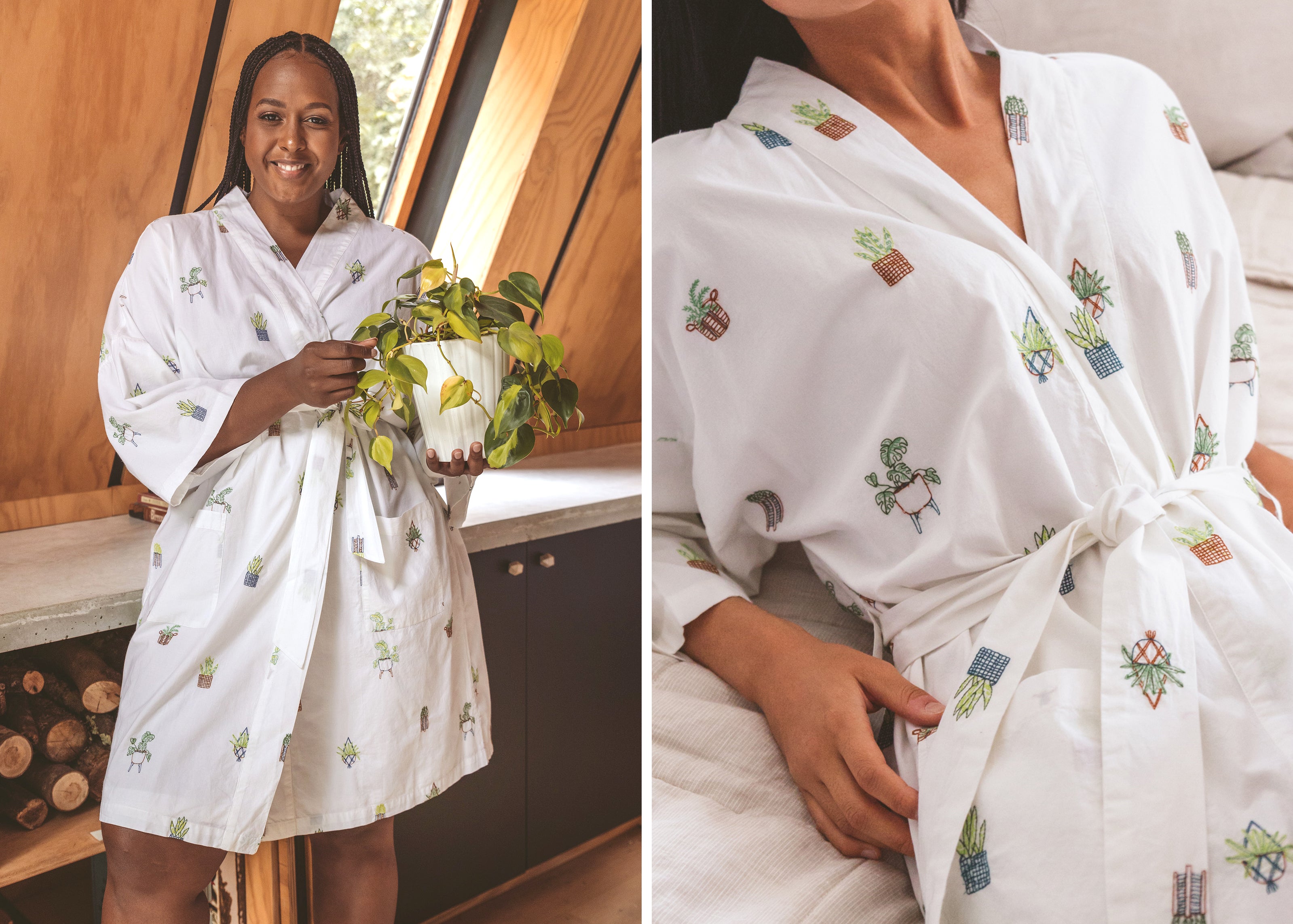Ronnie wears our Embroidered Houseplants Short Robe in 2X, and Lynn wears S/M