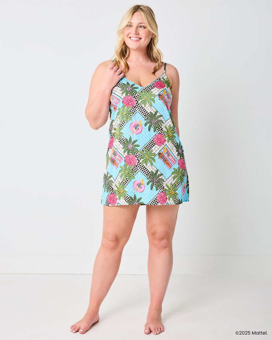 Barbie™ + Printfresh Retro Relaxation - Satin Chic To Sleep Shortie - Retro Blue - Printfresh