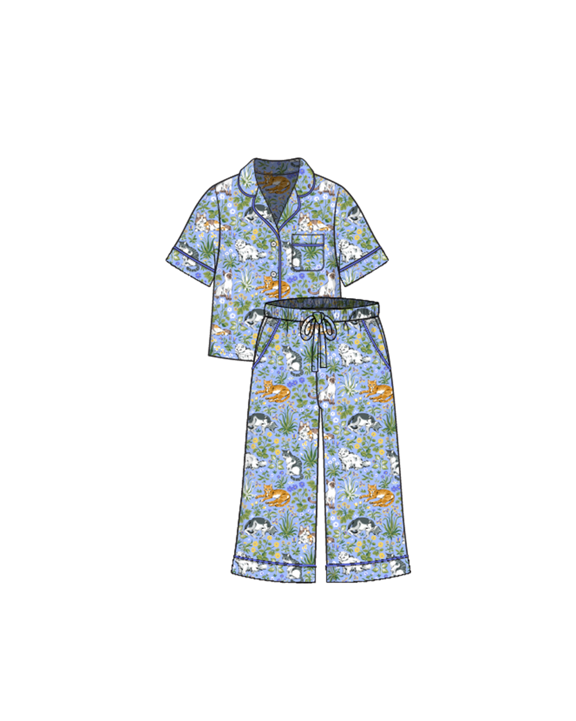 Must Love Cats - Short Sleeve Top & Cropped Pants Set  - Cornflower - Printfresh