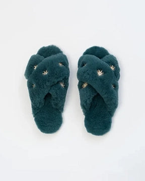 Blue Sheepskin Slippers with Rhinestones - Printfresh