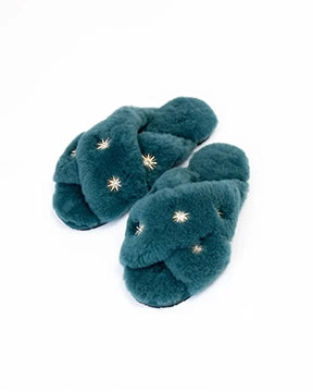 Blue Sheepskin Slippers with Rhinestones - Printfresh