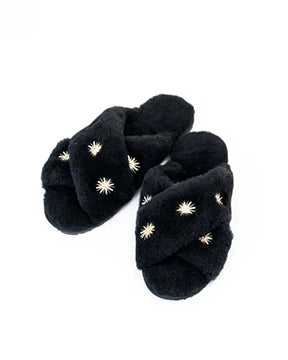 Black Sheepskin Slippers with Rhinestones - Printfresh