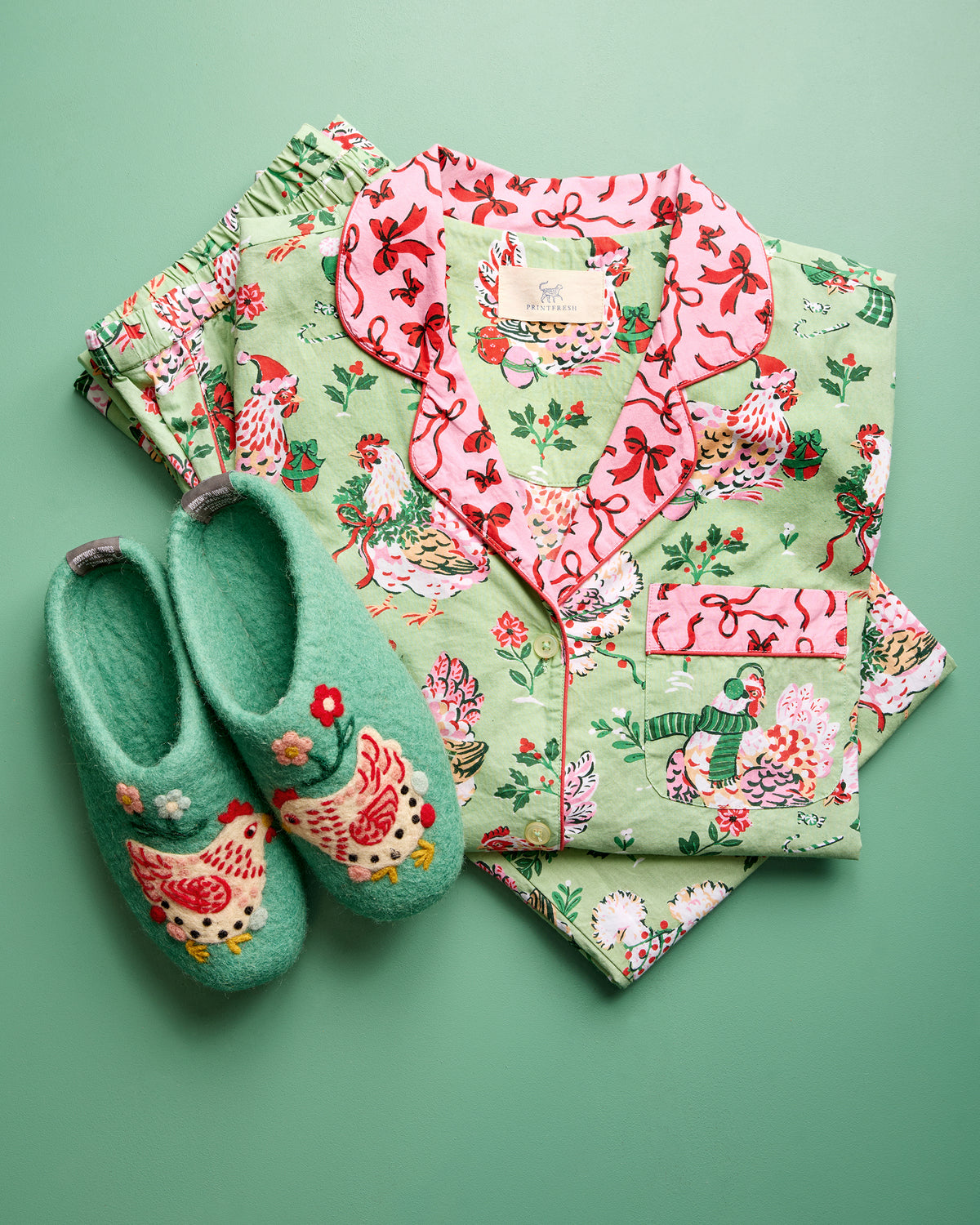 French Knot X PF - Holiday Hens Slipper - Sage - Printfresh
