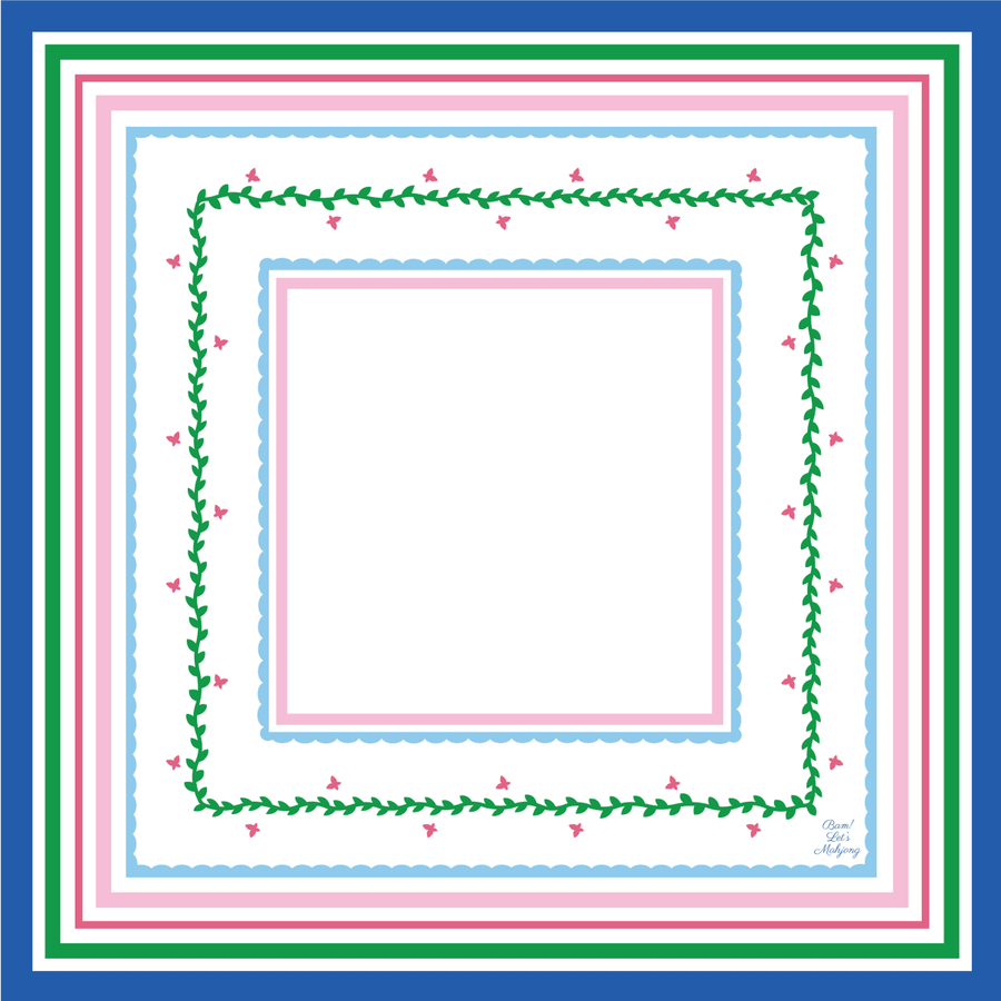 Square mahjong mat with nested blue, green, and pink rectangular borders, leafy vines, and small pink butterflies.