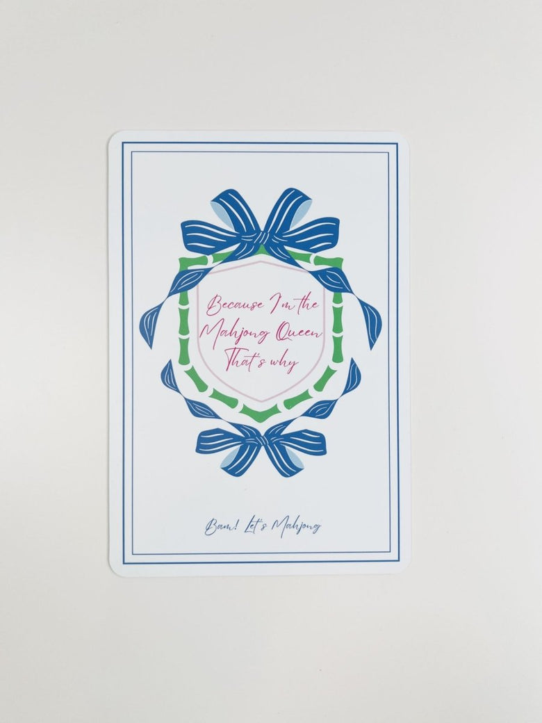 Blue Mahjong tile shuffler with a bow-and-wreath design and the phrase “I'm Silently Judging Your Mahjong Skills.”