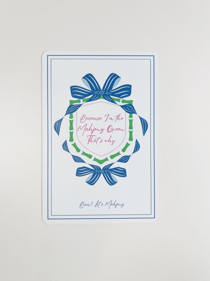 Blue Mahjong tile shuffler with a bow-and-wreath design and the phrase “I'm Silently Judging Your Mahjong Skills.”