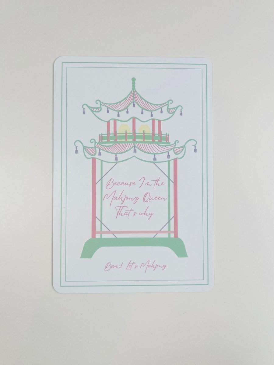 Pastel Mahjong tile shuffler with a carousel illustration and the phrase “Because I'm the Mahjong Queen That's why.”