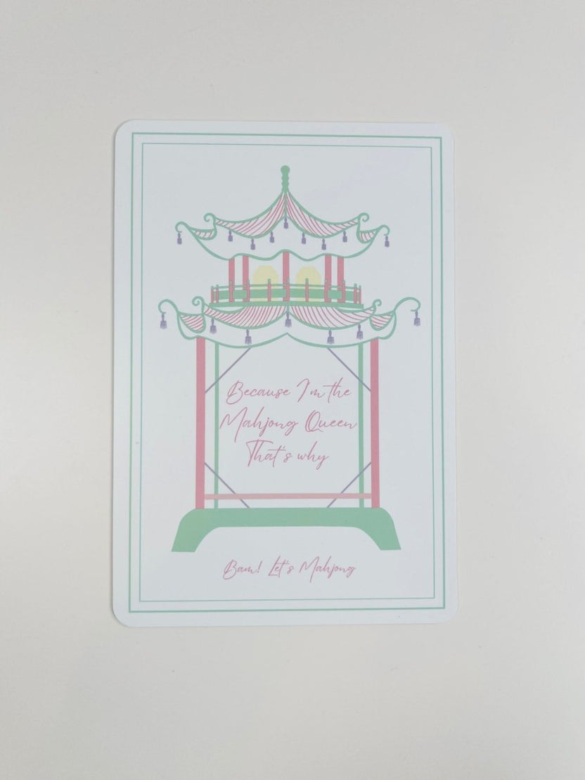 Pastel Mahjong tile shuffler with a carousel illustration and the phrase “Because I'm the Mahjong Queen That's why.”