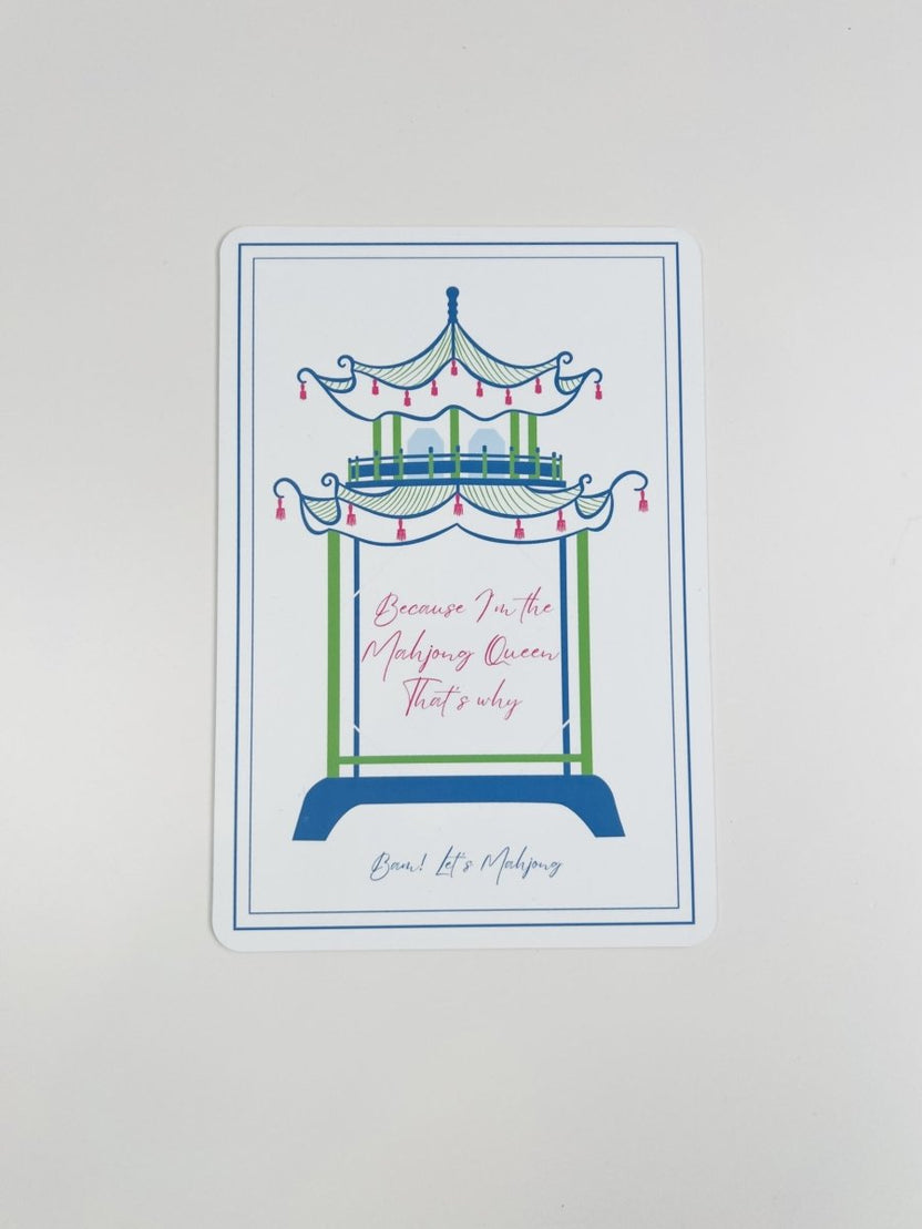 Blue and green Mahjong tile shuffler with a carousel illustration and the phrase “Because I'm the Mahjong Queen That's why.”